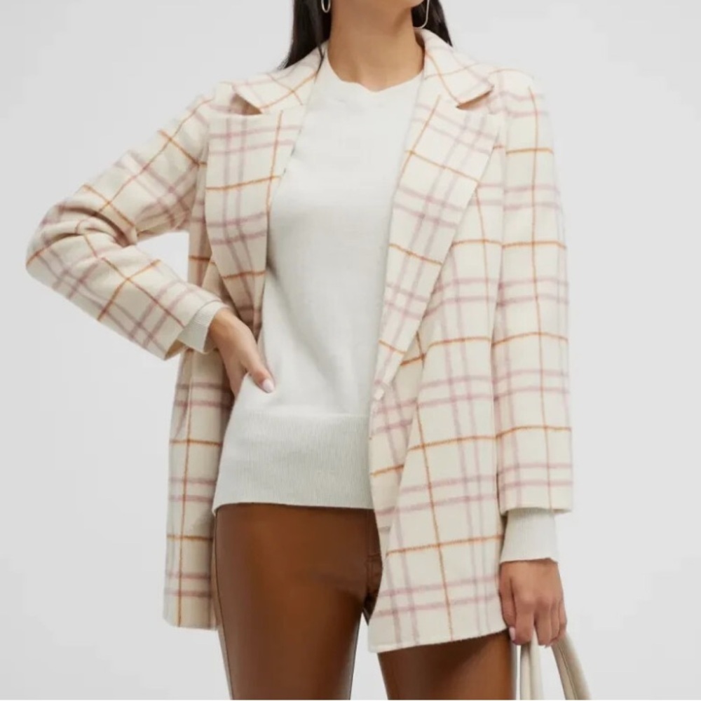 Theory Clairene Wool Blend Cream & Orange Plaid Blazer Jacket Longline Size L